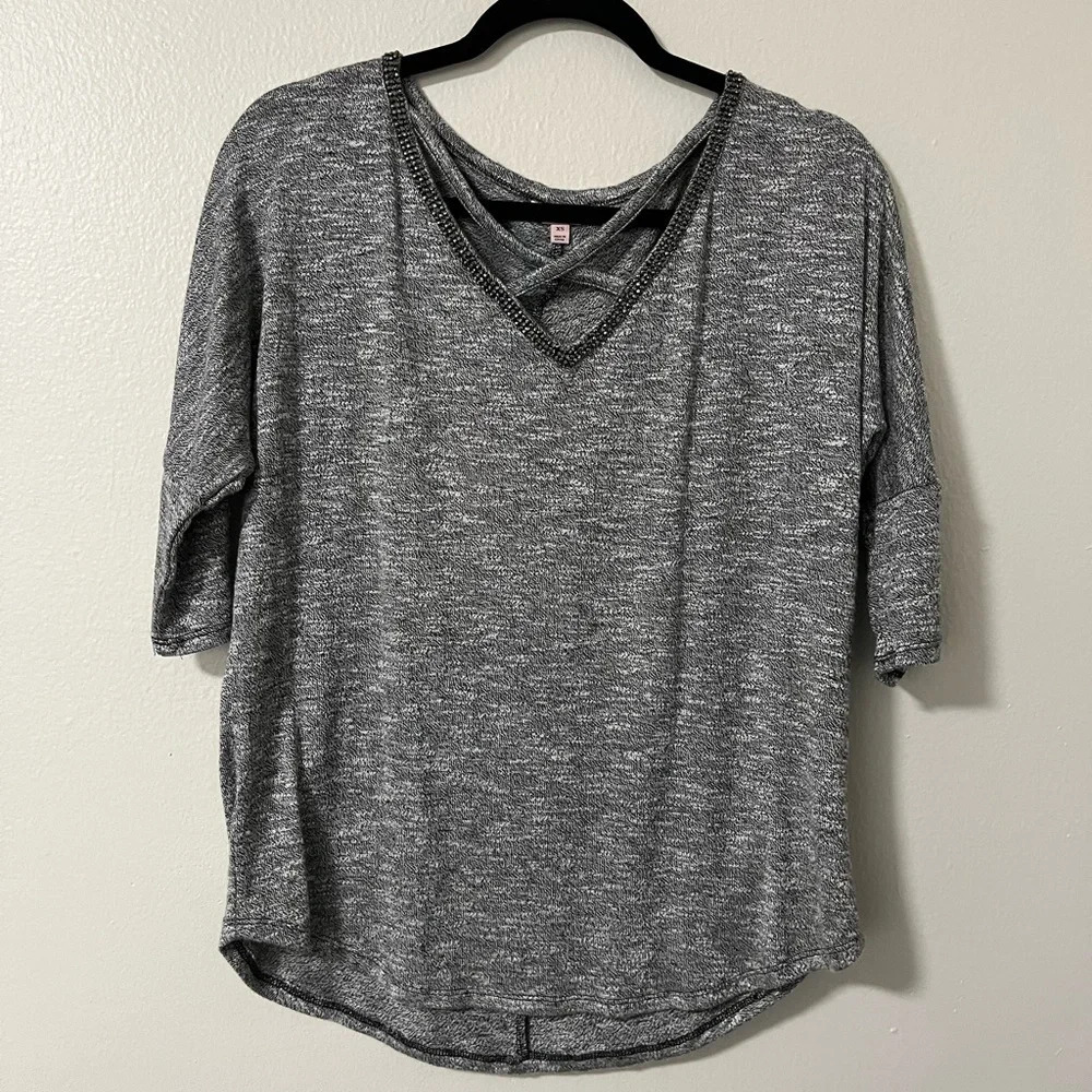Juicy Couture size xs Rhinestone Dolman Crisscross Heather Gray Knit oversized
